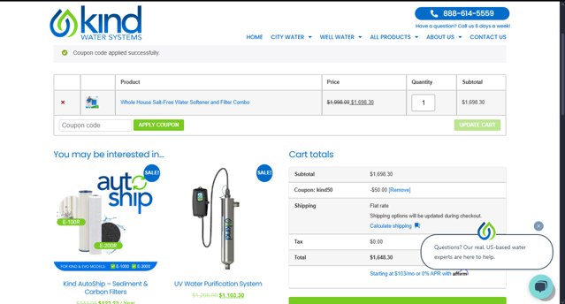 Kind Water System checkout page showing Kind Water System coupon code box | Screenshot taken by SimplyCodes community member on Jul 19, 2025