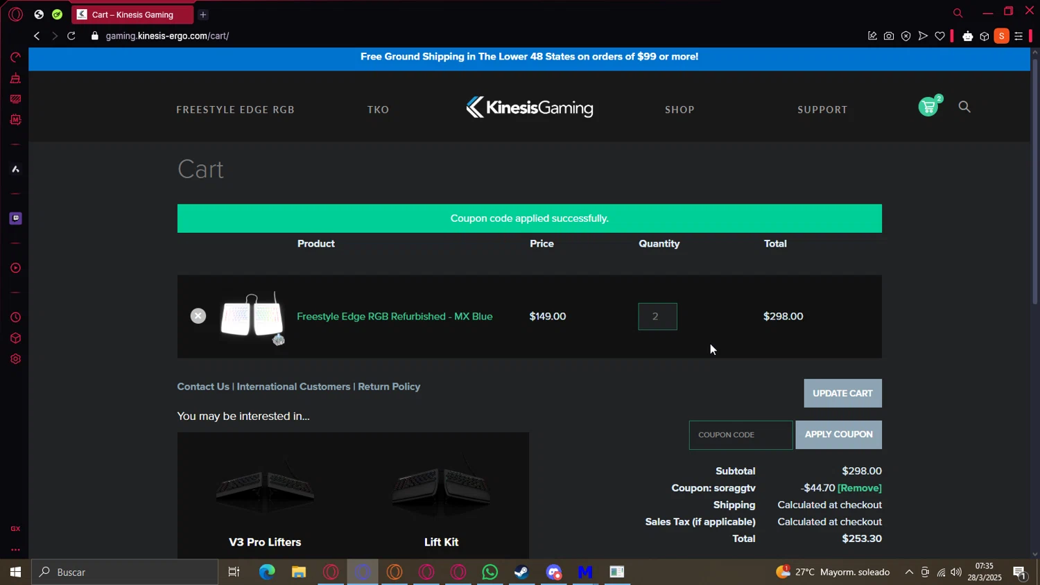 Kinesis Ergonomics promo code screenshot showing code SoraGGTV applied at Kinesis Ergonomics checkout page. Uploaded by SimplyCodes community member Artorias_the_abysswalker on Mar 28, 2025