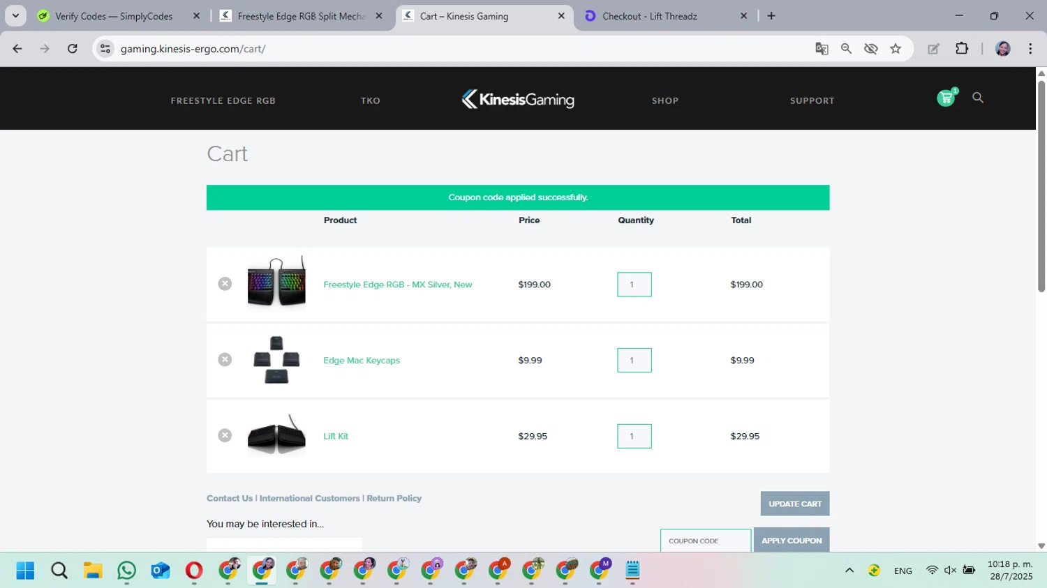 Kinesis Ergonomics promo code screenshot showing code SoraGGTV applied at Kinesis Ergonomics checkout page. Uploaded by SimplyCodes community member MarielisPb on Jul 29, 2025