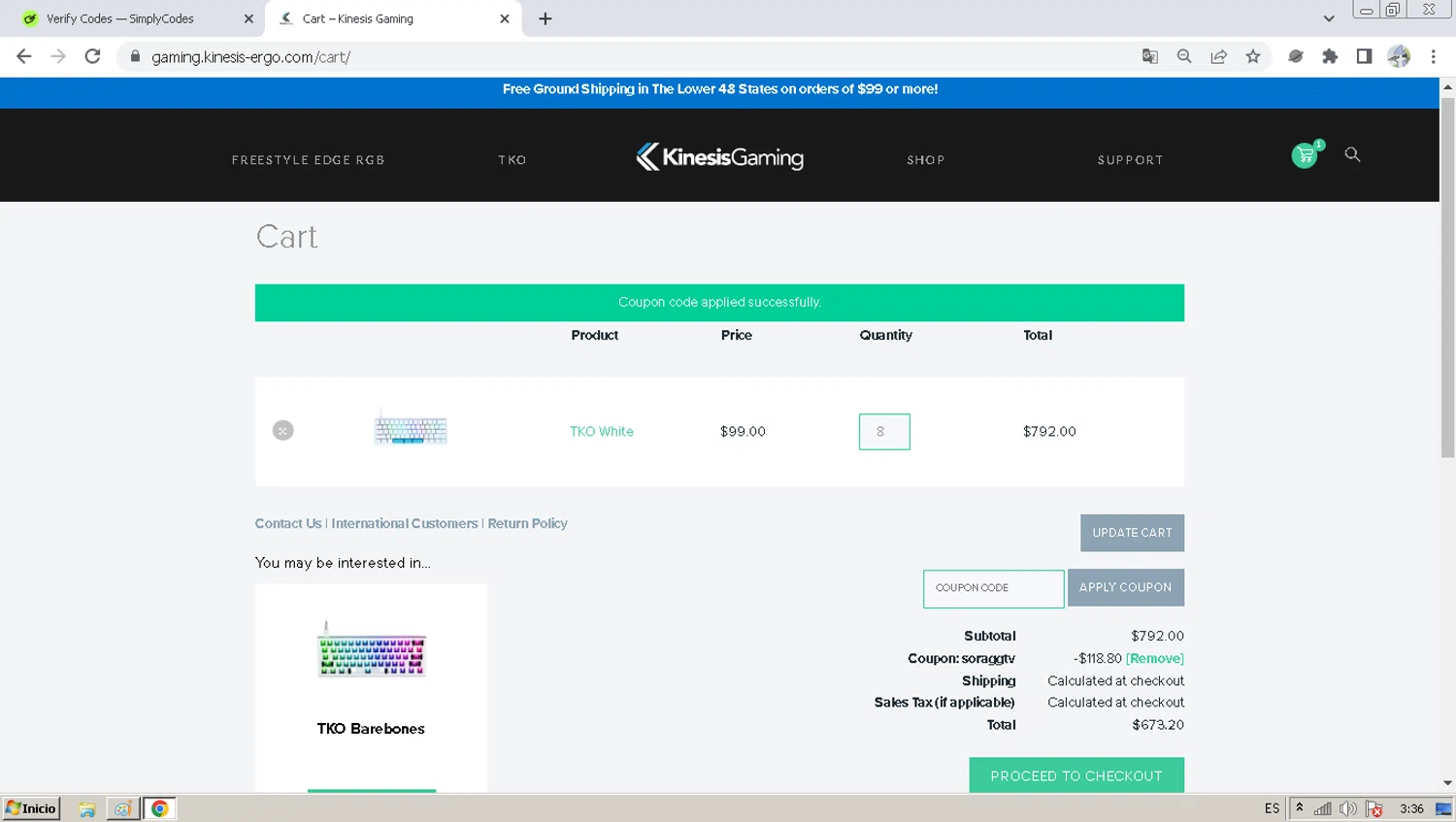 Kinesis Ergonomics promo code screenshot showing code SoraGGTV applied at Kinesis Ergonomics checkout page. Uploaded by SimplyCodes community member jesusalejandro on Apr 7, 2025