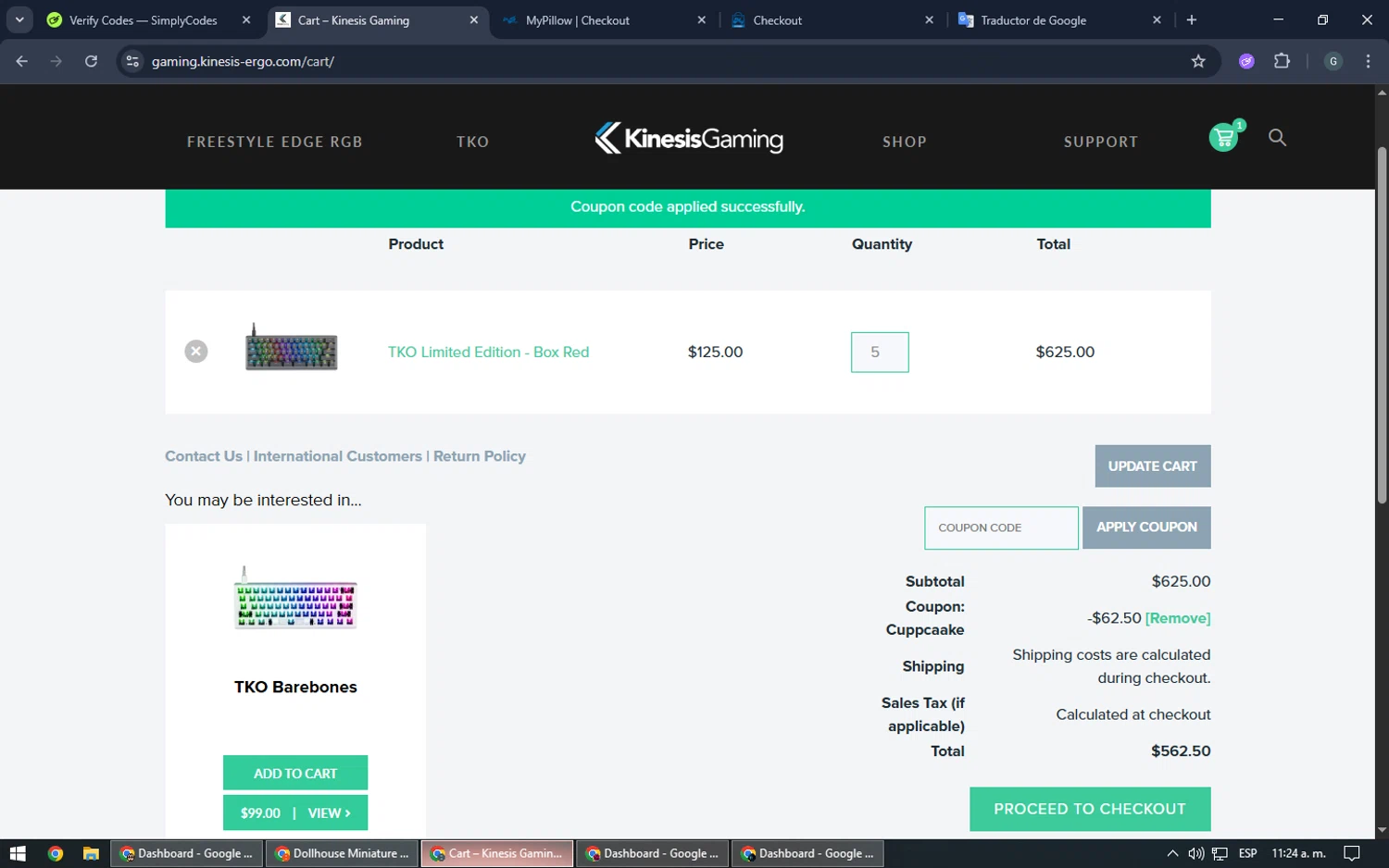 Kinesis Ergonomics promo code screenshot showing code CUPPCAAKE applied at Kinesis Ergonomics checkout page. Uploaded by SimplyCodes community member TOUSEN on Jun 21, 2025