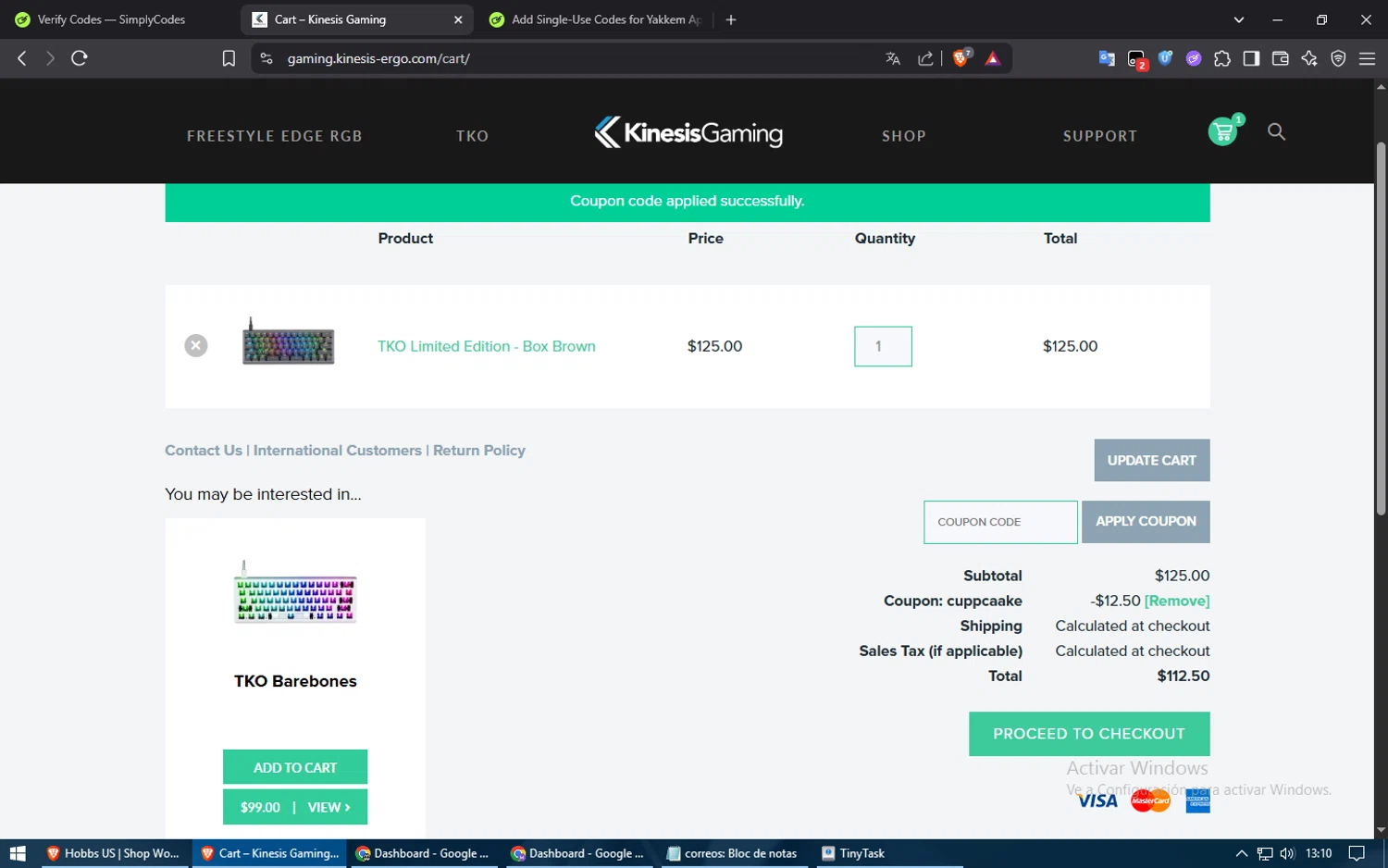 Kinesis Ergonomics promo code screenshot showing code CUPPCAAKE applied at Kinesis Ergonomics checkout page. Uploaded by SimplyCodes community member Voucher200 on Jun 7, 2025