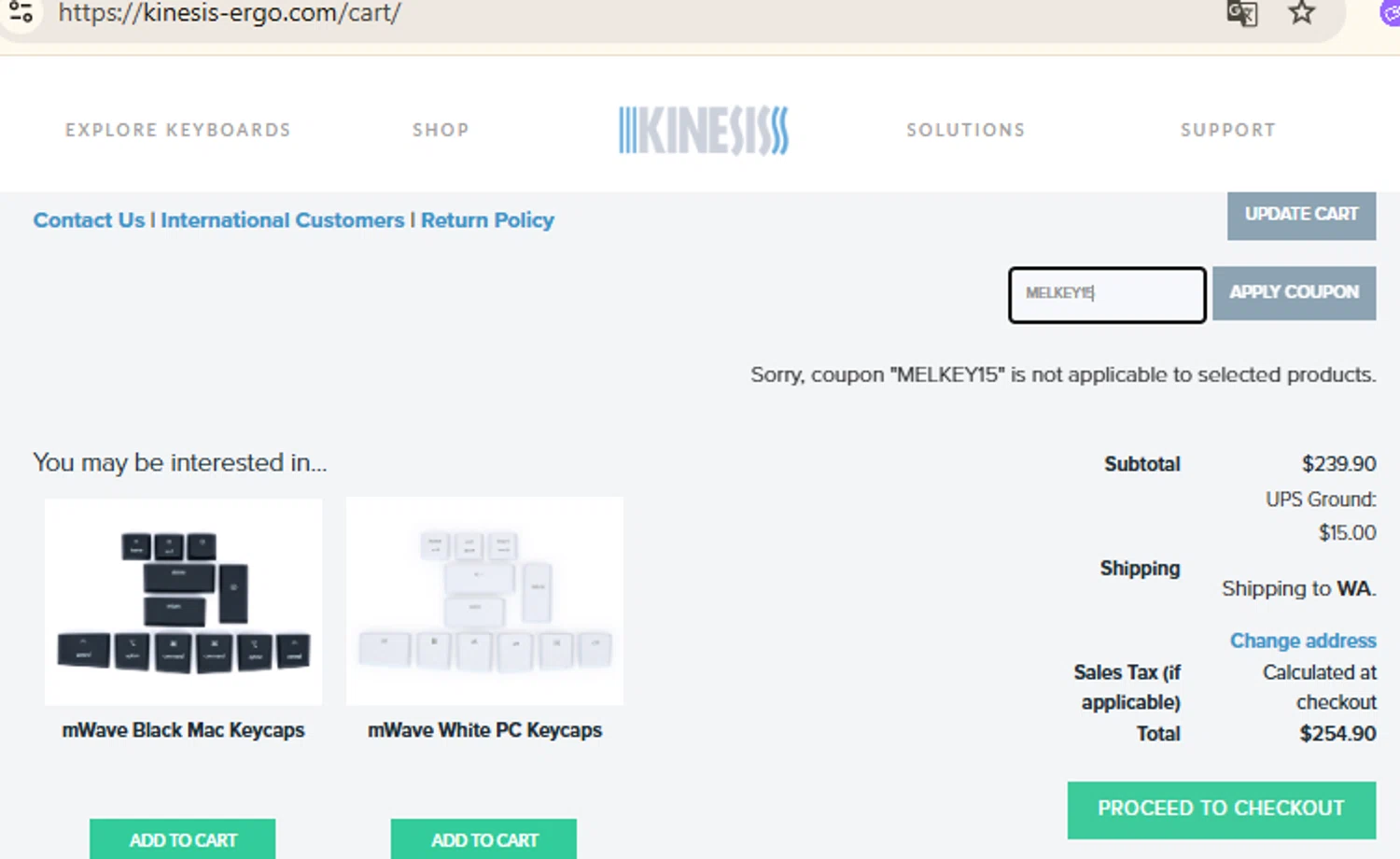 Kinesis Ergonomics promo code screenshot showing code MELKEY15 applied at Kinesis Ergonomics checkout page. Uploaded by SimplyCodes community member RewardFinder4836 on Jun 21, 2025