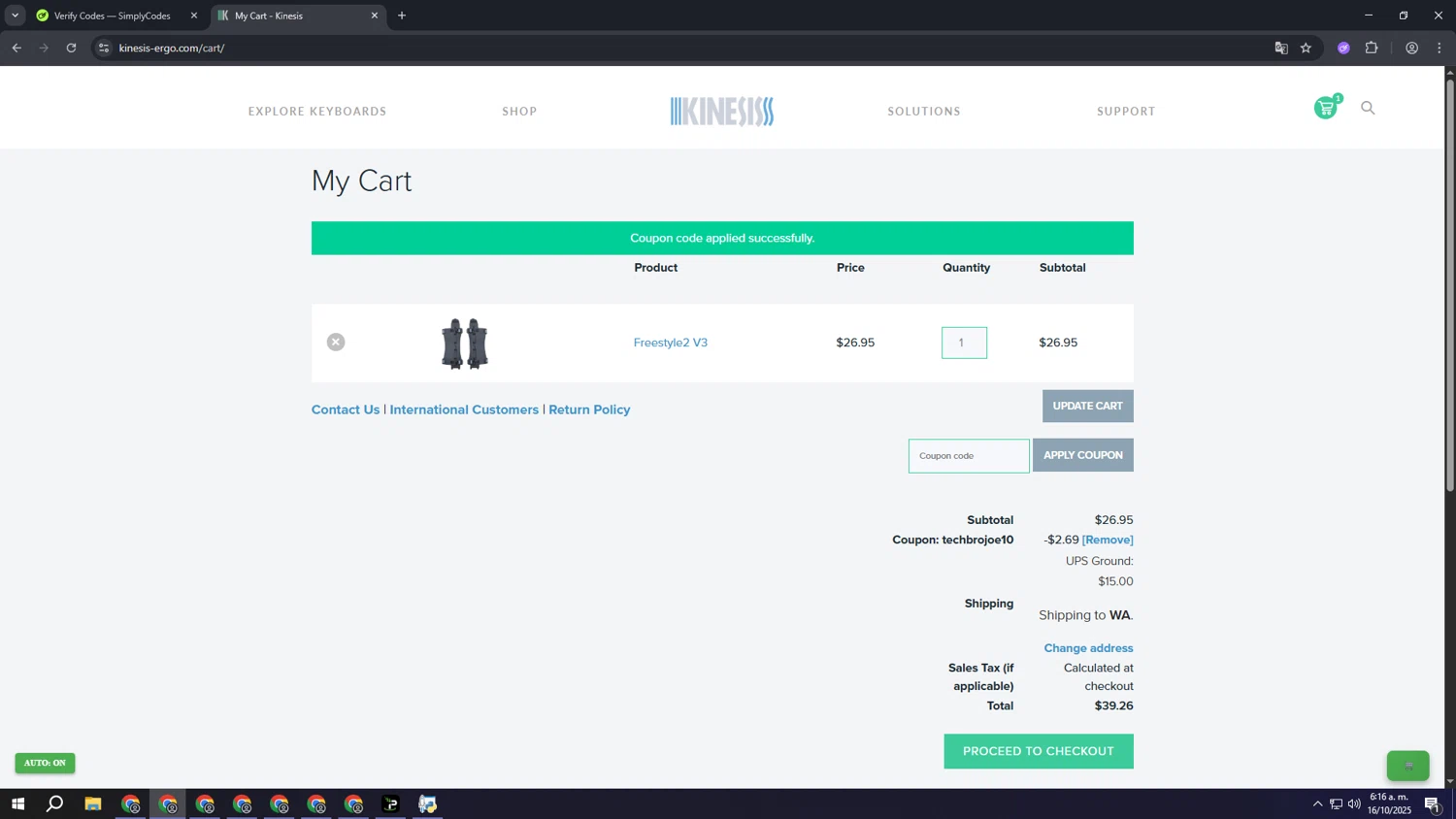 Kinesis Ergonomics promo code screenshot showing code TECHBROJOE10 applied at Kinesis Ergonomics checkout page. Uploaded by SimplyCodes community member aaaaaaaaaaaaaaaa on Oct 16, 2025