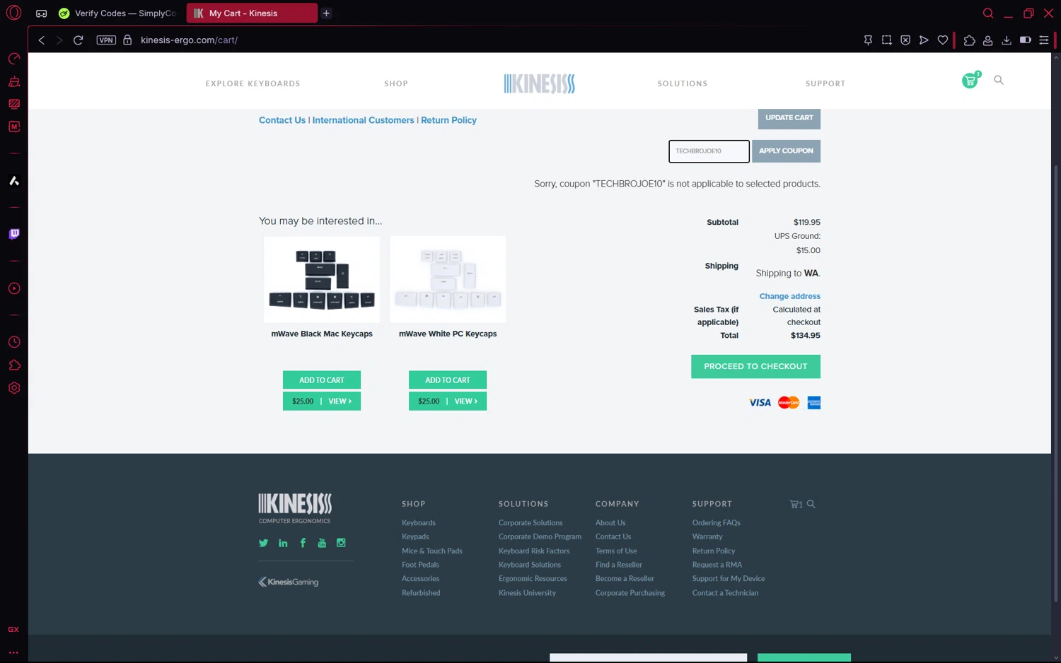 Kinesis Ergonomics promo code screenshot showing code TECHBROJOE10 applied at Kinesis Ergonomics checkout page. Uploaded by SimplyCodes community member frijolito on Jun 21, 2025