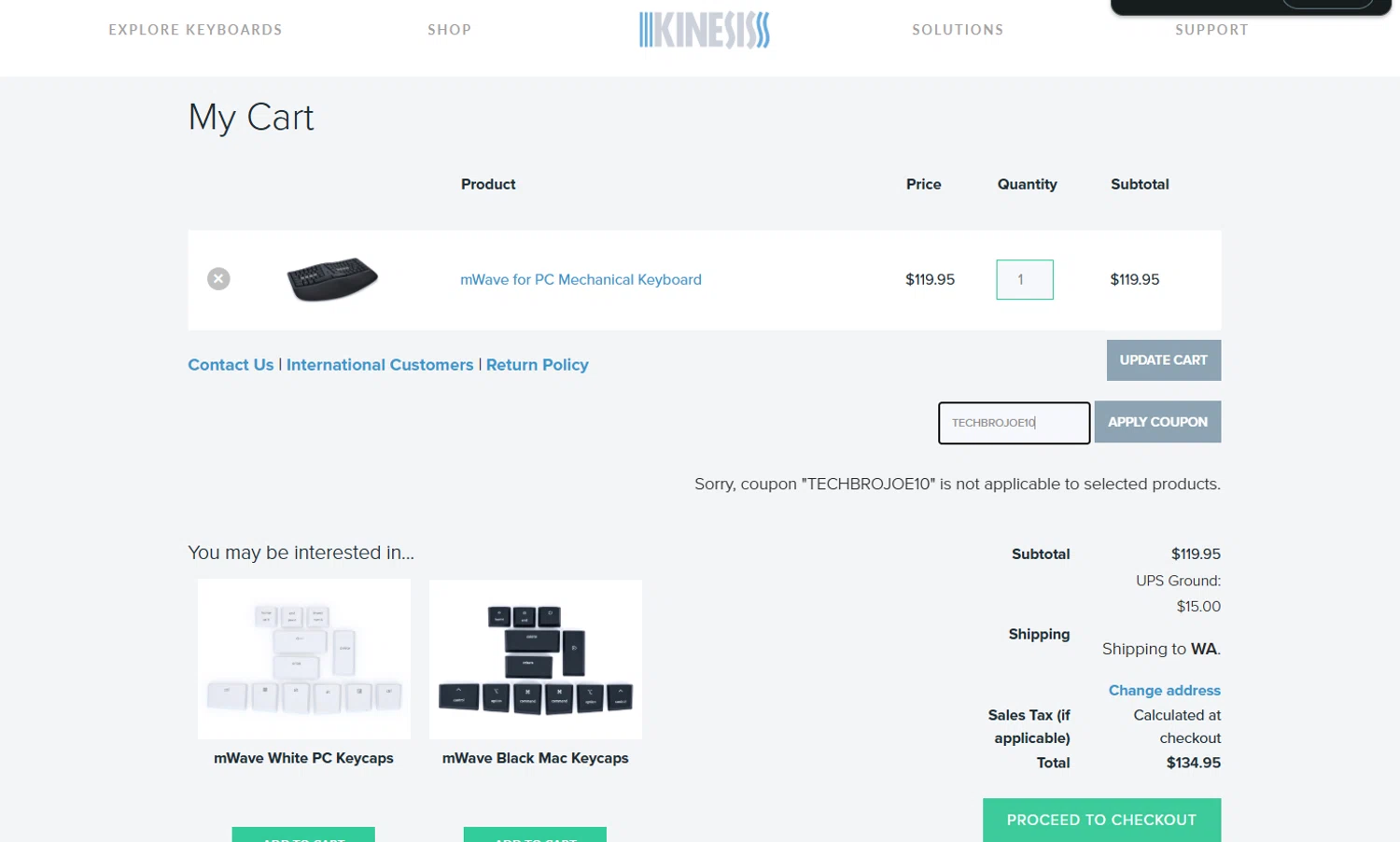 Kinesis Ergonomics promo code screenshot showing code TECHBROJOE10 applied at Kinesis Ergonomics checkout page. Uploaded by SimplyCodes community member PrimeFalcon5548 on Jul 20, 2025