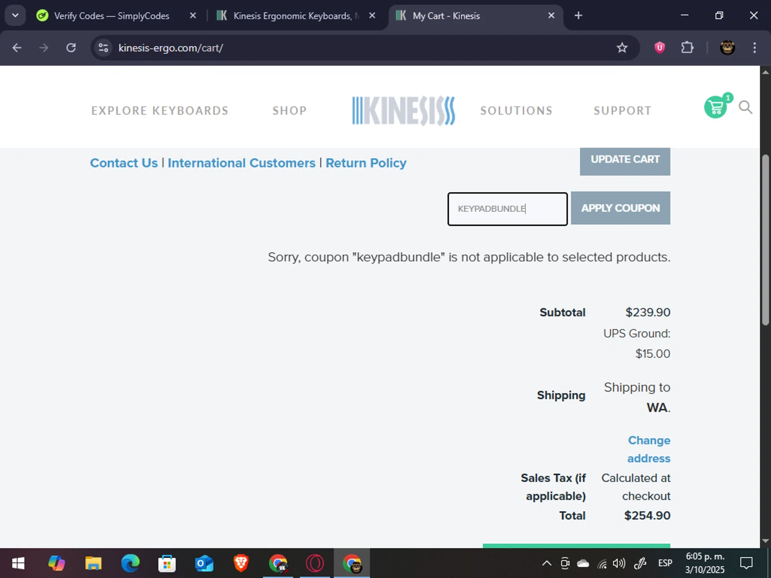 Kinesis Ergonomics checkout page showing Kinesis Ergonomics promo code box | Screenshot taken by SimplyCodes community member on Oct 3, 2025