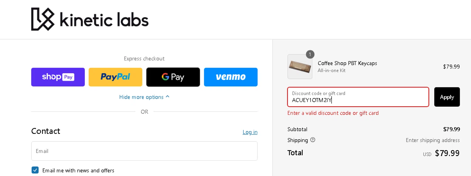 Kinetic Labs checkout page showing Kinetic Labs discount code box | Screenshot taken by SimplyCodes community member on Apr 7, 2024