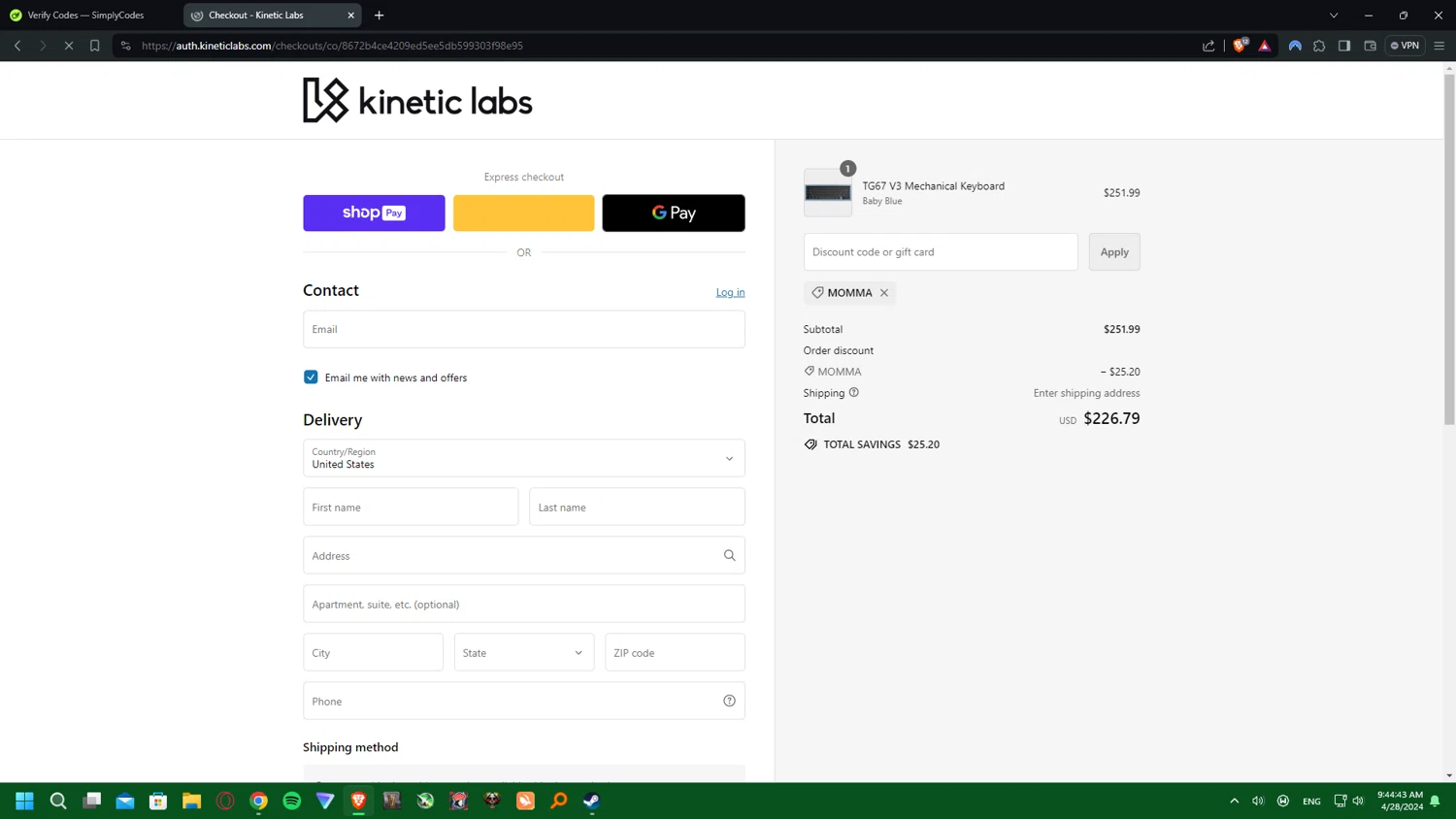 Kinetic Labs checkout page showing Kinetic Labs discount code box | Screenshot taken by SimplyCodes community member on Apr 28, 2024
