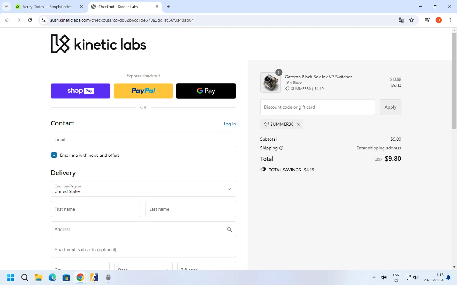 Kinetic Labs checkout page showing Kinetic Labs discount code box | Screenshot taken by SimplyCodes community member on Jun 23, 2024