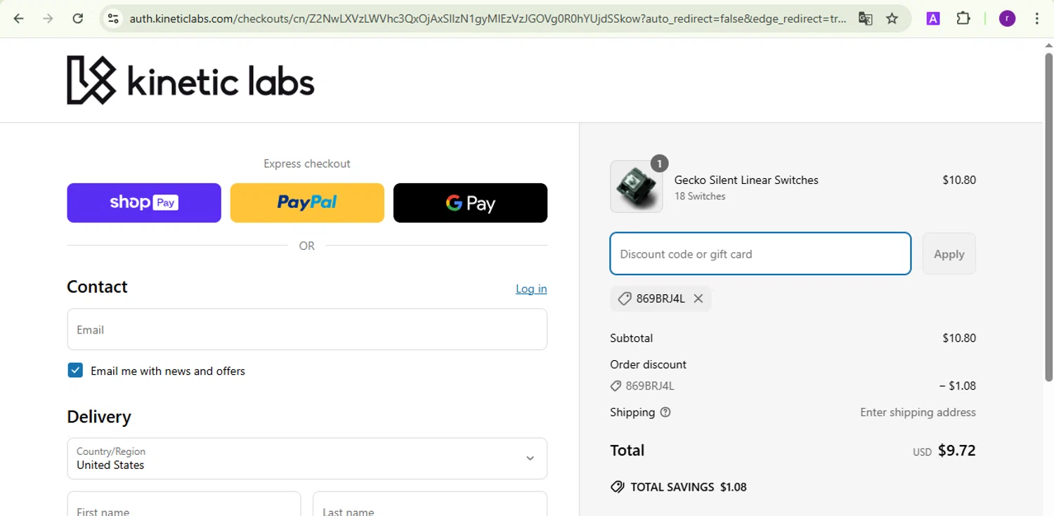 Kinetic Labs checkout page showing Kinetic Labs discount code box | Screenshot taken by SimplyCodes community member on Apr 5, 2025