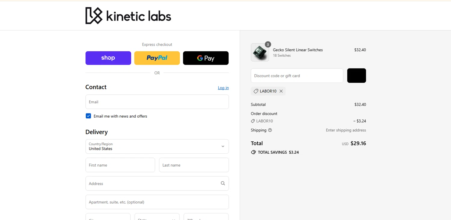 Kinetic Labs checkout page showing Kinetic Labs discount code box | Screenshot taken by SimplyCodes community member on Aug 31, 2025