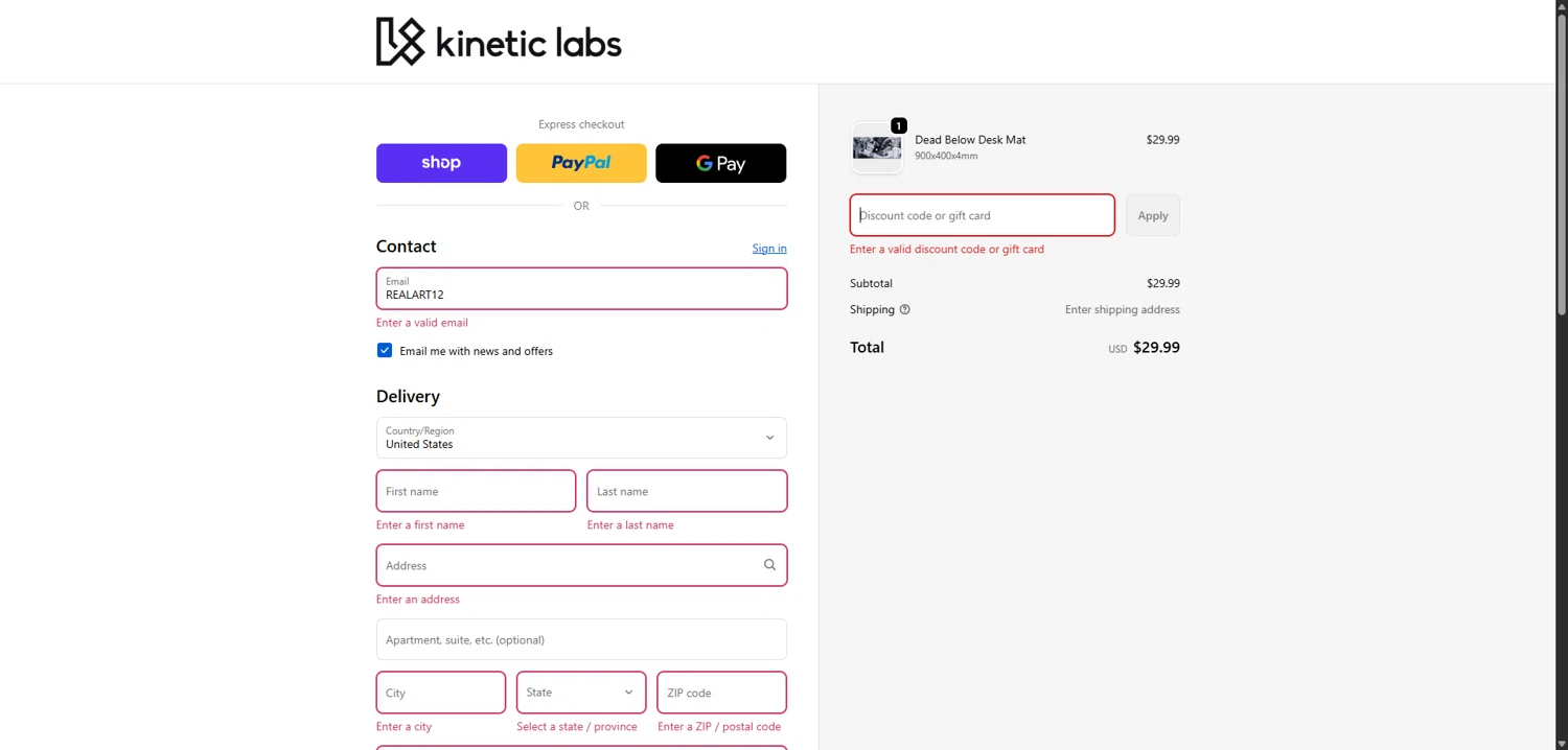 Kinetic Labs discount code screenshot showing code REALART12 applied at Kinetic Labs checkout page. Uploaded by SimplyCodes community member ShieldMaverick9079 on Sep 26, 2025