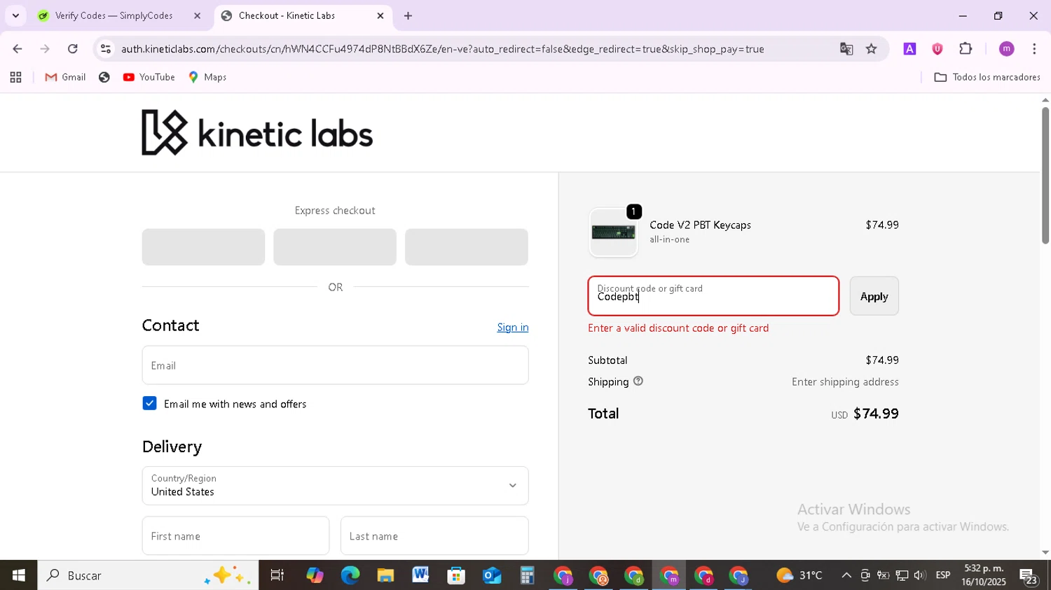 Kinetic Labs discount code screenshot showing code Codepbt applied at Kinetic Labs checkout page. Uploaded by SimplyCodes community member BudgetMonarch8952 on Oct 16, 2025