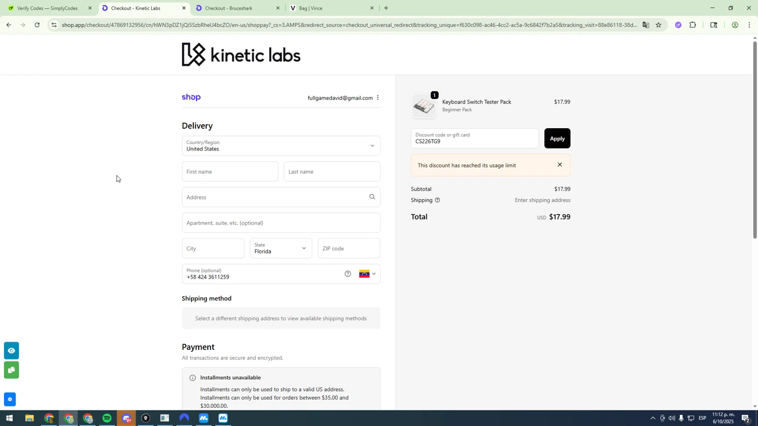Kinetic Labs discount code screenshot showing code CS226TG9 applied at Kinetic Labs checkout page. Uploaded by SimplyCodes community member sfdfgdsfgdfgdfg on Oct 7, 2025
