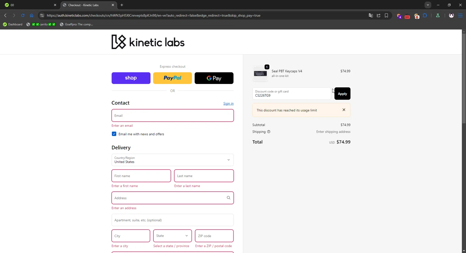Kinetic Labs discount code screenshot showing code CS226TG9 applied at Kinetic Labs checkout page. Uploaded by SimplyCodes community member gribethr on Oct 7, 2025