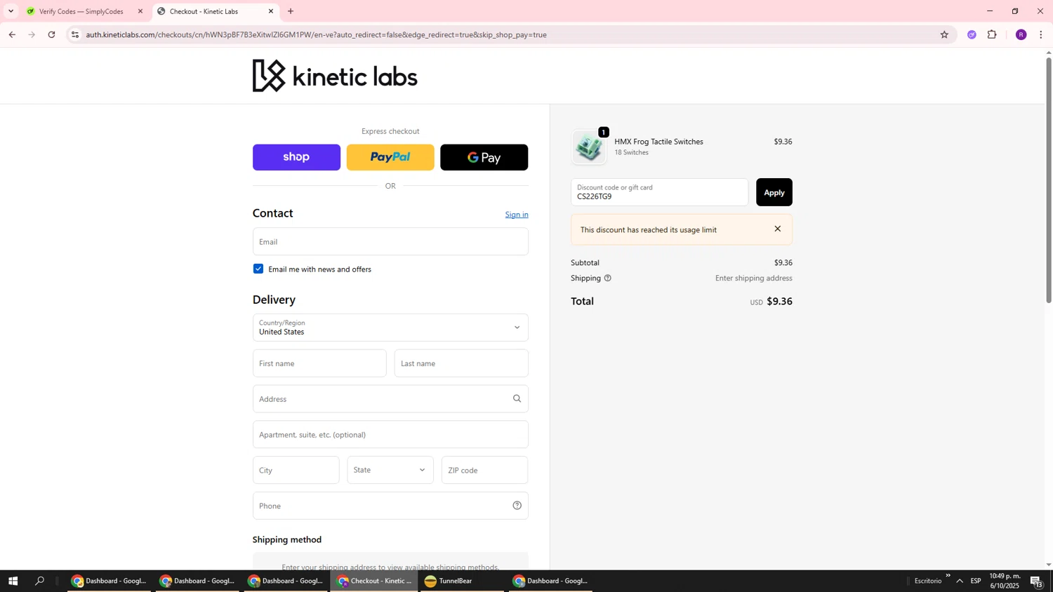 Kinetic Labs discount code screenshot showing code CS226TG9 applied at Kinetic Labs checkout page. Uploaded by SimplyCodes community member ukemochi on Oct 7, 2025