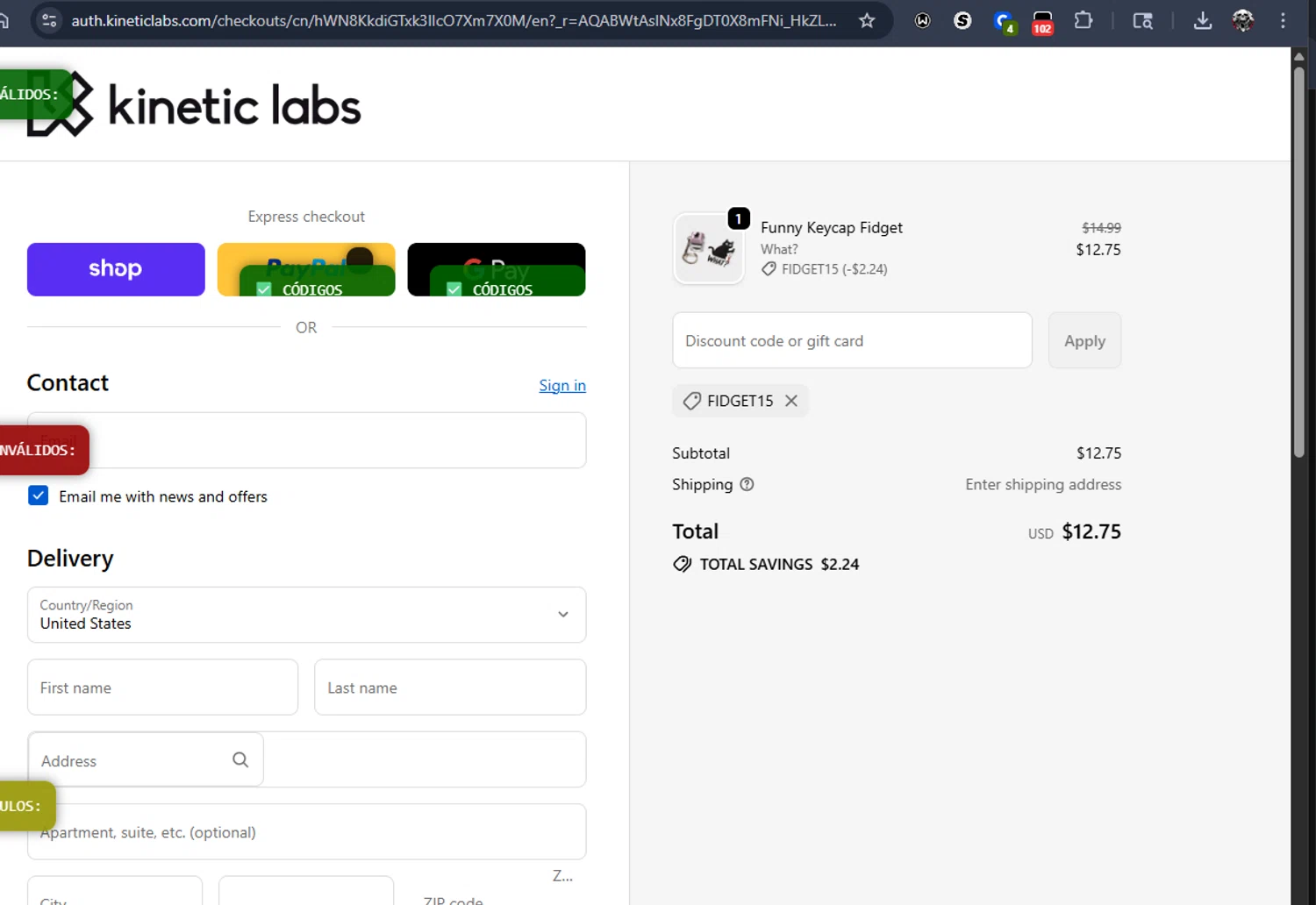 Kinetic Labs discount code screenshot showing code FIDGET15 applied at Kinetic Labs checkout page. Uploaded by SimplyCodes community member Jmhernand1 on Feb 2, 2026
