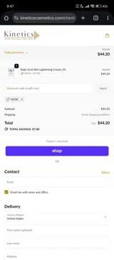 Kinetics Cosmetics coupon verification screenshot
