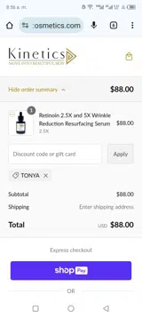 Kinetics Cosmetics coupon verification screenshot