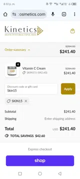 Kinetics Cosmetics coupon verification screenshot