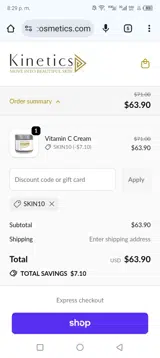 Kinetics Cosmetics coupon verification screenshot