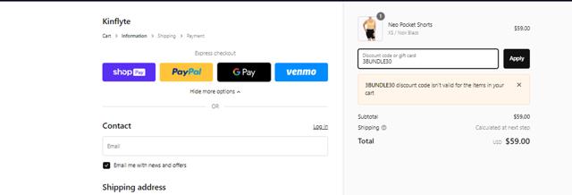 Kinflyte checkout page showing Kinflyte promo code box | Screenshot taken by SimplyCodes community member on Apr 1, 2024