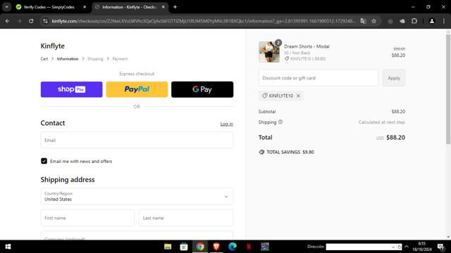 Kinflyte checkout page showing Kinflyte promo code box | Screenshot taken by SimplyCodes community member on Oct 18, 2024