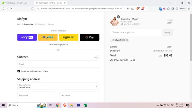 Kinflyte checkout page showing Kinflyte promo code box | Screenshot taken by SimplyCodes community member on Jul 26, 2024