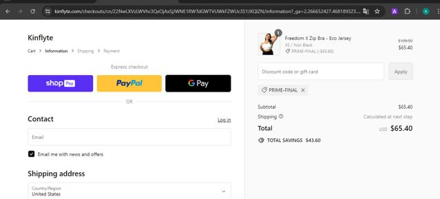 Kinflyte checkout page showing Kinflyte promo code box | Screenshot taken by SimplyCodes community member on Jul 15, 2024