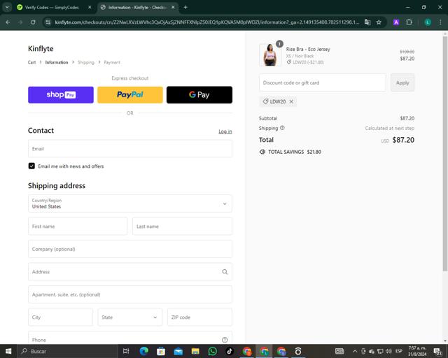 Kinflyte checkout page showing Kinflyte promo code box | Screenshot taken by SimplyCodes community member on Aug 31, 2024