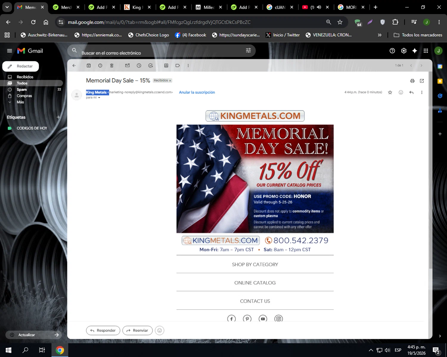King Architectural Metals promo code screenshot showing code HONOR applied at King Architectural Metals checkout page. Uploaded by SimplyCodes community member Codehunter on May 19, 2026