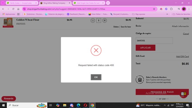King Arthur Baking checkout page showing King Arthur Baking coupon code box | Screenshot taken by SimplyCodes community member on Apr 23, 2025