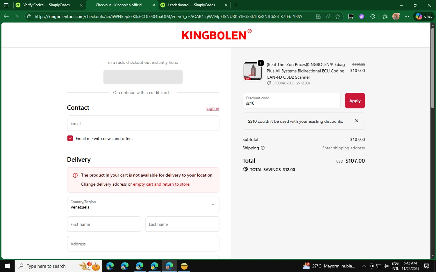 KINGBOLEN discount code screenshot showing code ss10 applied at KINGBOLEN checkout page. Uploaded by SimplyCodes community member CouponPro4243 on Nov 24, 2025