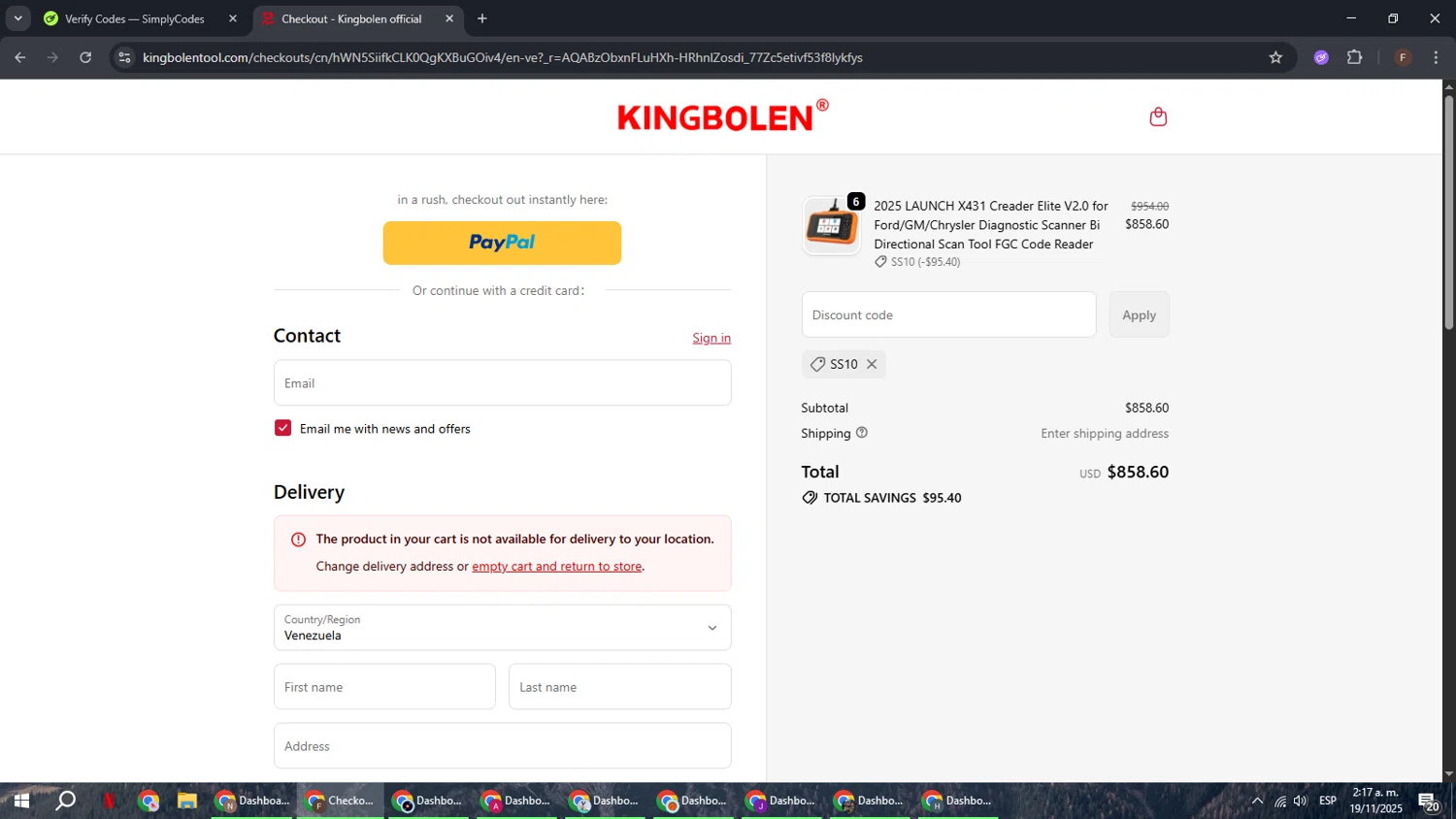 KINGBOLEN discount code screenshot showing code ss10 applied at KINGBOLEN checkout page. Uploaded by SimplyCodes community member ExtraordinaryHunter3076 on Nov 19, 2025