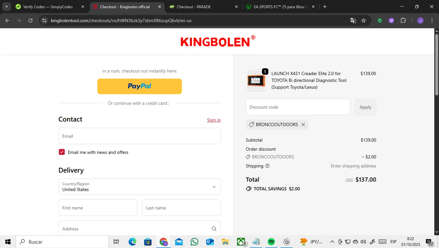 KINGBOLEN discount code screenshot showing code BRONCOOUTDOORS applied at KINGBOLEN checkout page. Uploaded by SimplyCodes community member ENCARAMESSI on Oct 1, 2025