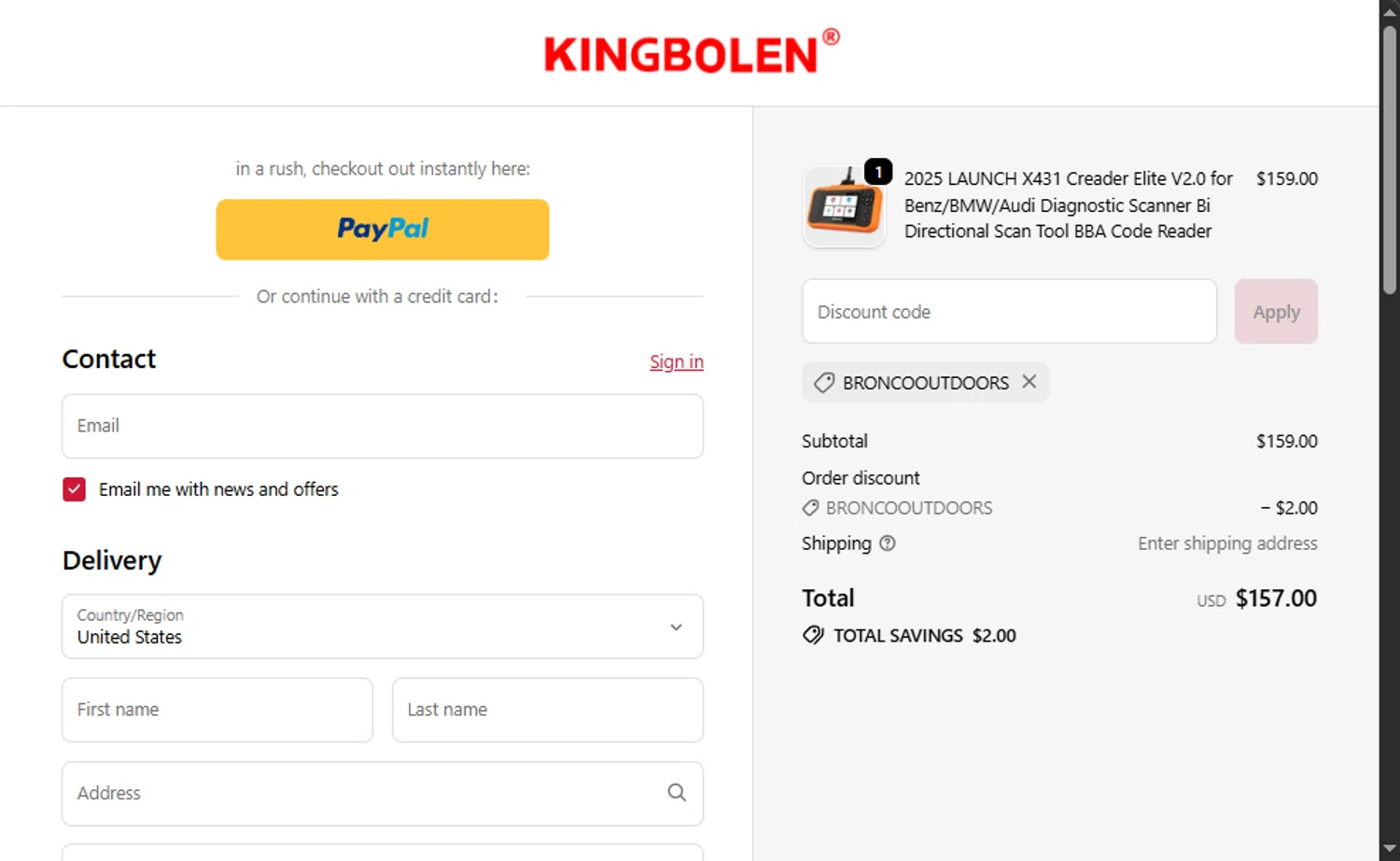 KINGBOLEN discount code screenshot showing code BRONCOOUTDOORS applied at KINGBOLEN checkout page. Uploaded by SimplyCodes community member Santi_ago on Oct 10, 2025