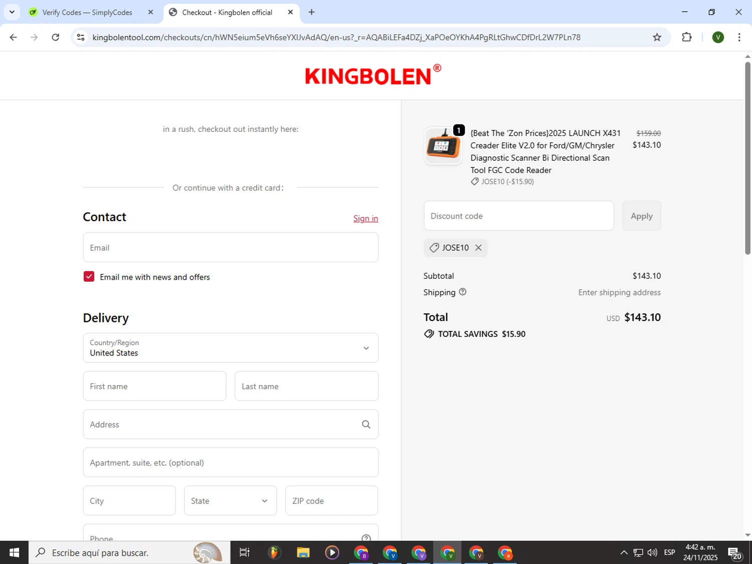 KINGBOLEN discount code screenshot showing code JOSE10 applied at KINGBOLEN checkout page. Uploaded by SimplyCodes community member PrimeWizard4168 on Nov 24, 2025