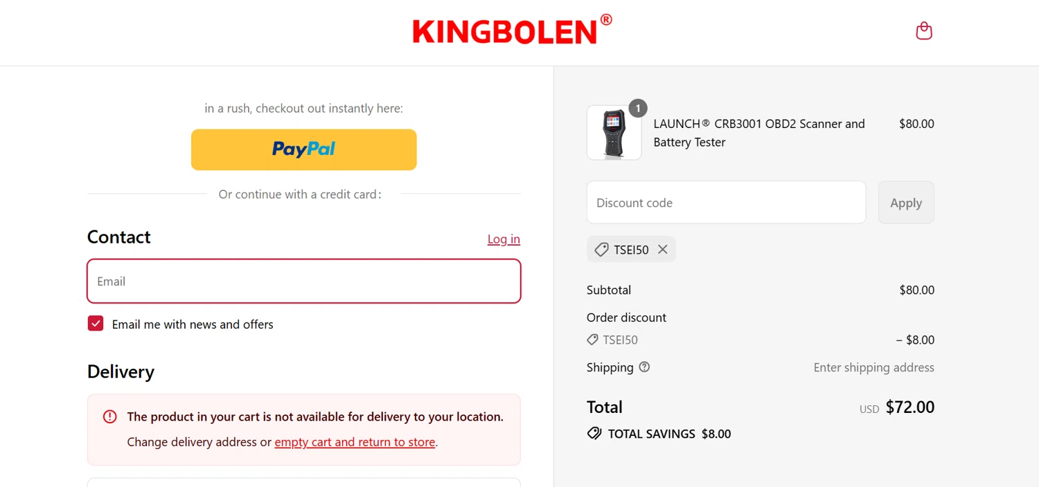 KINGBOLEN discount code screenshot showing code tsei50 applied at KINGBOLEN checkout page. Uploaded by SimplyCodes community member juancrisostomo on Aug 12, 2025