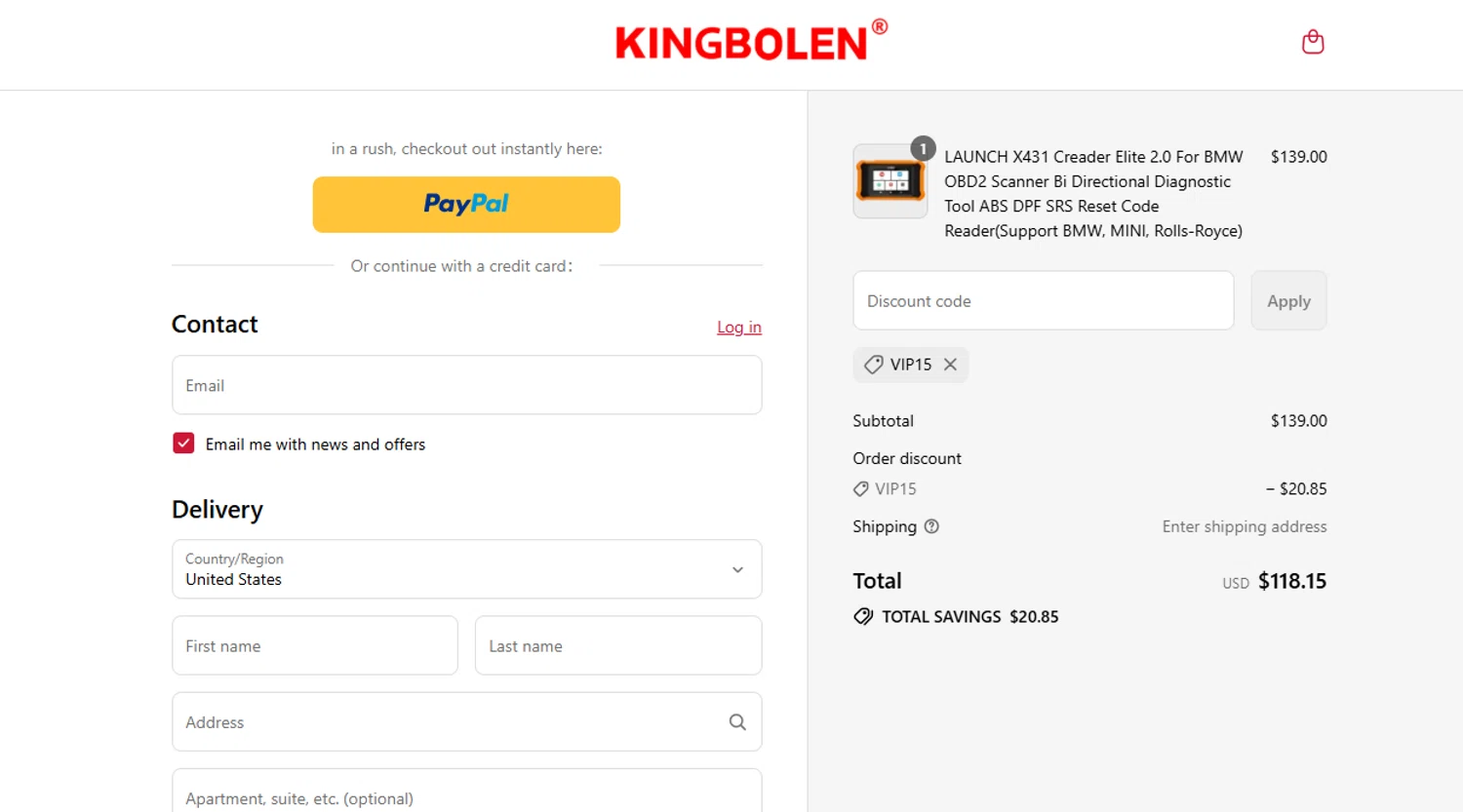 KINGBOLEN discount code screenshot showing code vip15 applied at KINGBOLEN checkout page. Uploaded by SimplyCodes community member ylenisjordan on Jul 5, 2025