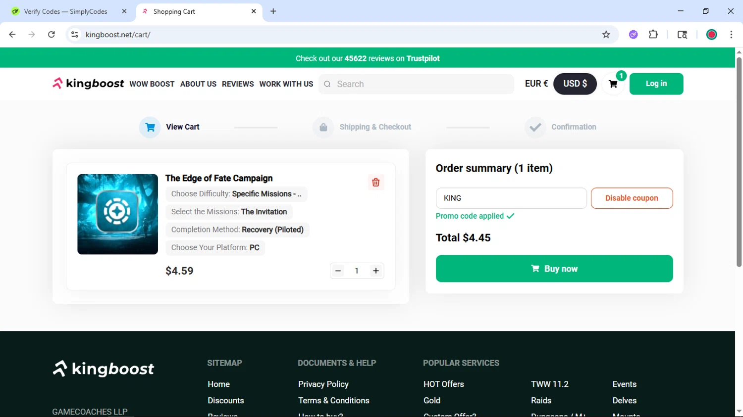 KingBoost.net promo code screenshot showing code KING applied at KingBoost.net checkout page. Uploaded by SimplyCodes community member DiscountSentinel4513 on Nov 17, 2025