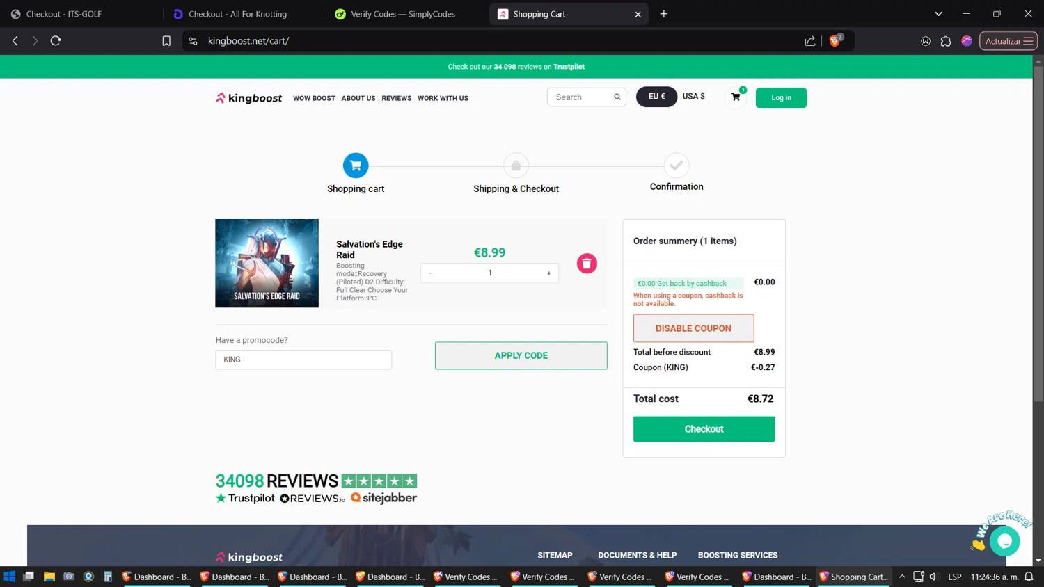 KingBoost.net checkout page showing KingBoost.net promo code box | Screenshot taken by SimplyCodes community member on Jan 18, 2025