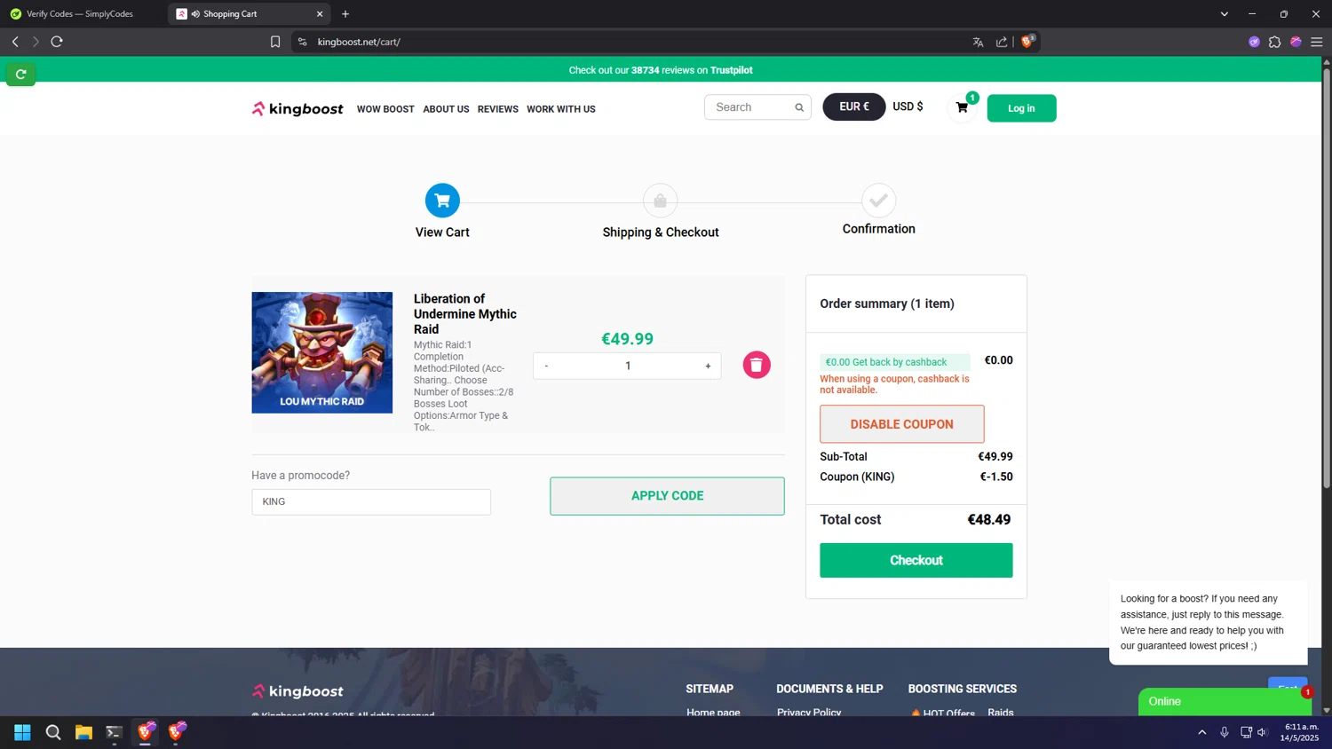 KingBoost.net checkout page showing KingBoost.net promo code box | Screenshot taken by SimplyCodes community member on May 14, 2025