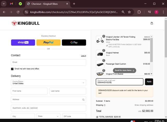 Kingbull checkout page showing Kingbull discount code box | Screenshot taken by SimplyCodes community member on Mar 7, 2025