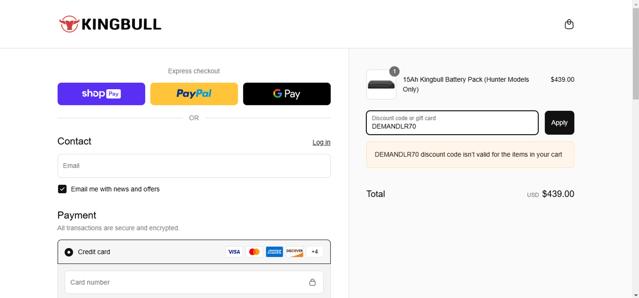 Kingbull checkout page showing Kingbull discount code box | Screenshot taken by SimplyCodes community member on Mar 20, 2025