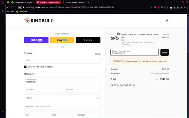 Kingbull checkout page showing Kingbull discount code box | Screenshot taken by SimplyCodes community member on Mar 7, 2025