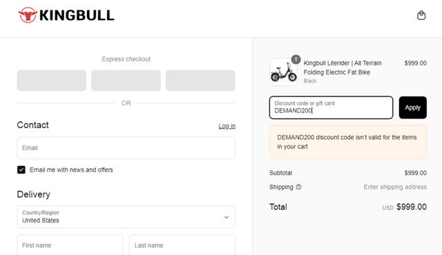 Kingbull checkout page showing Kingbull discount code box | Screenshot taken by SimplyCodes community member on Mar 20, 2025