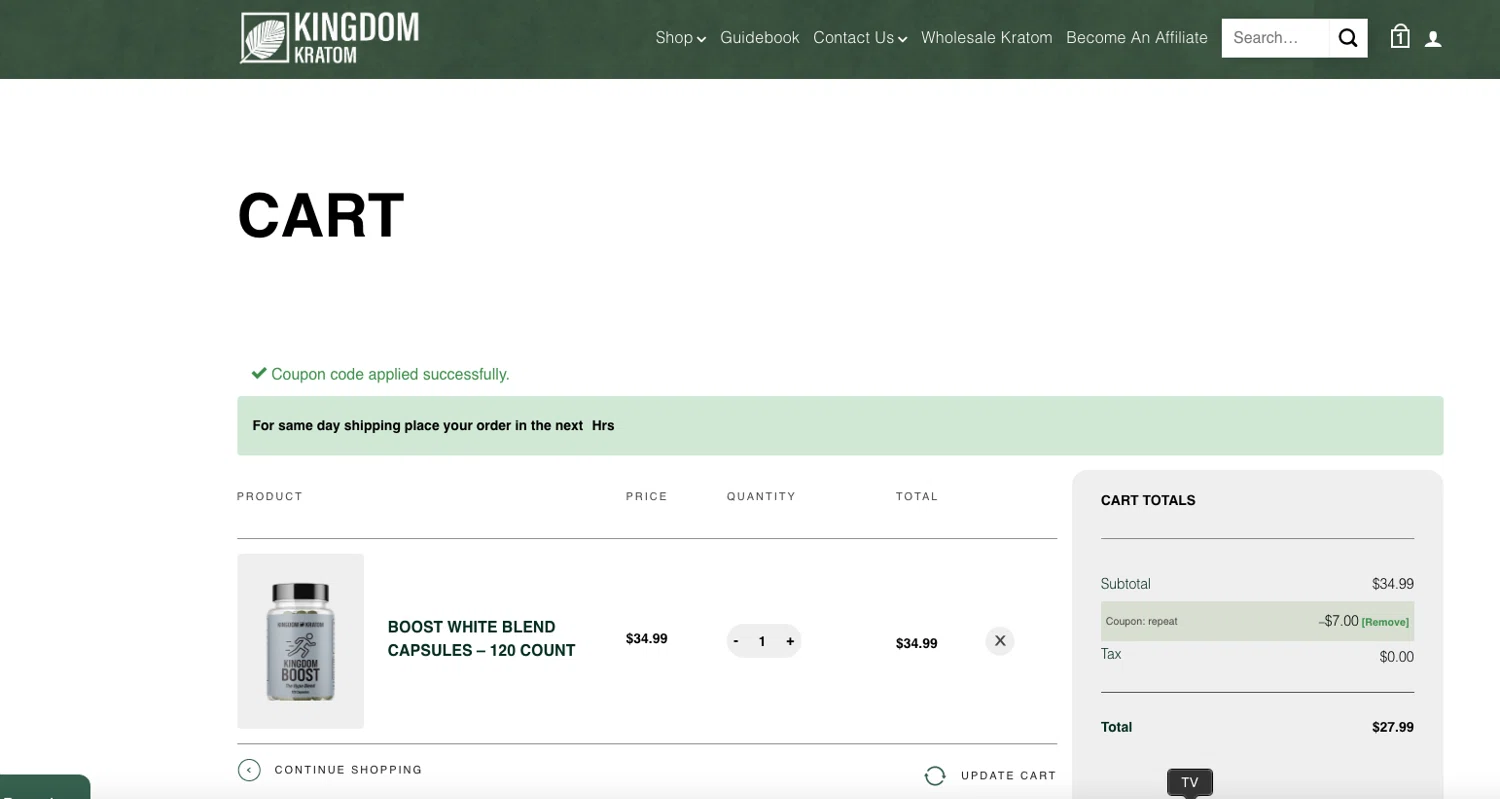 Kingdom Kratom promo code screenshot showing code repeat applied at Kingdom Kratom checkout page. Uploaded by SimplyCodes community member ELOIN777 on Jan 3, 2026
