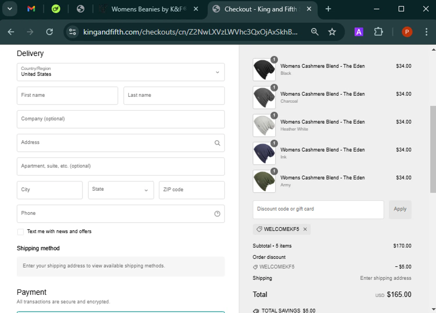 King and Fifth Supply Co. promo code screenshot showing code WELCOMEKF5 applied at King and Fifth Supply Co. checkout page. Uploaded by SimplyCodes community member Isabelle_adjanichamber on Jan 11, 2025