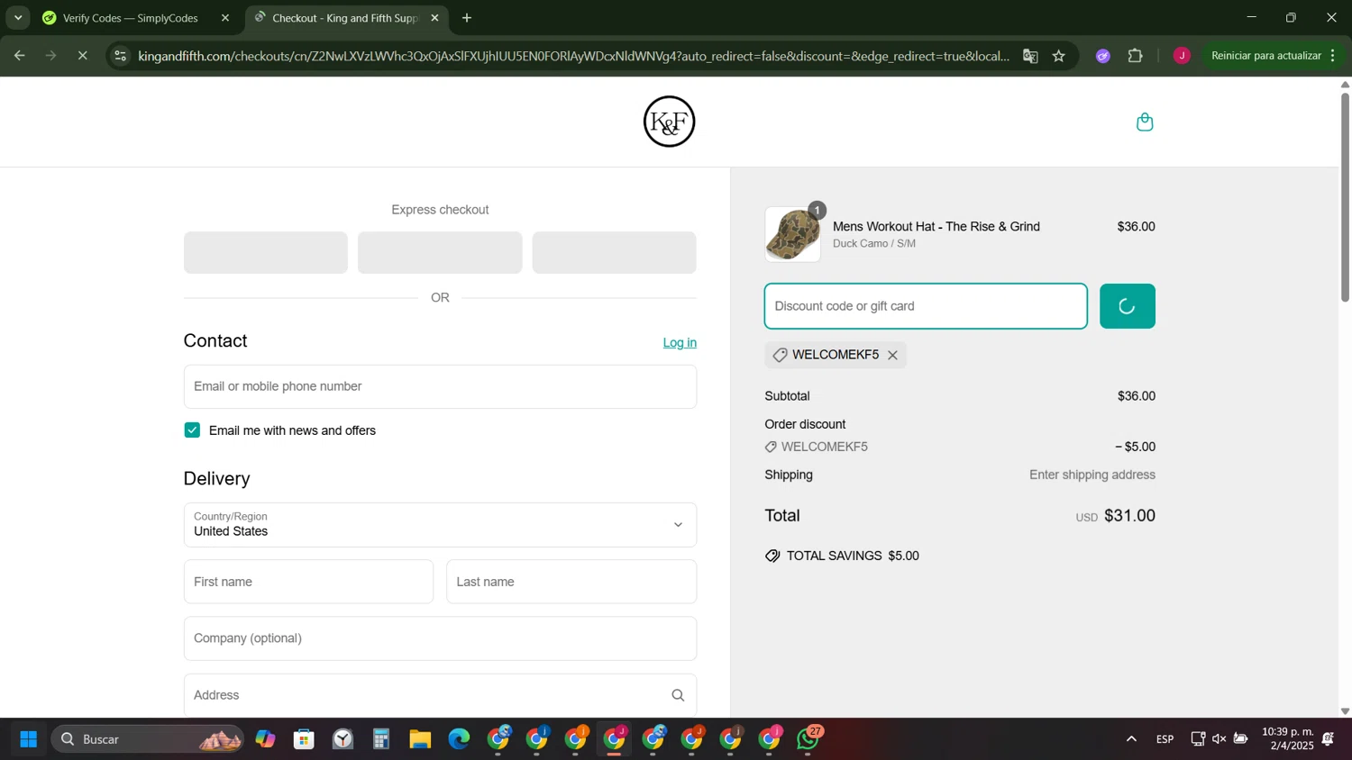 King and Fifth Supply Co. promo code screenshot showing code WELCOMEKF5 applied at King and Fifth Supply Co. checkout page. Uploaded by SimplyCodes community member FrugalFinder745 on Apr 3, 2025
